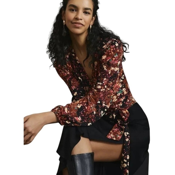 Anthropologie Tops - Anthropologie Balloon-Sleeve Blouse Open Back Tie Belt Top Multicolor Size Large